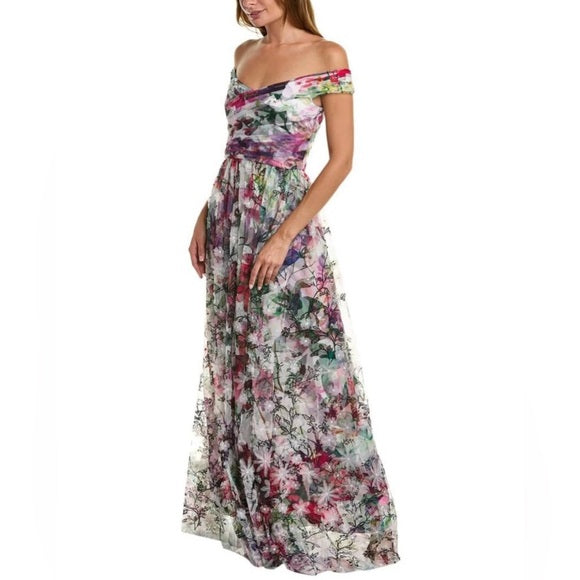 Petite 3D Floral Off Shoulder Gown