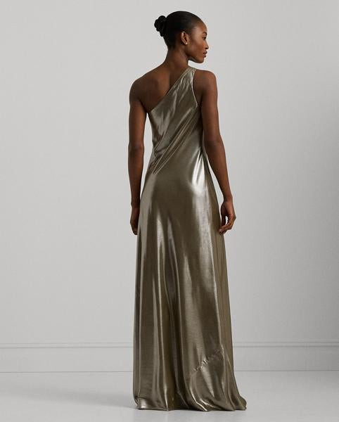 Metallic Chiffon One-Shoulder Gown
