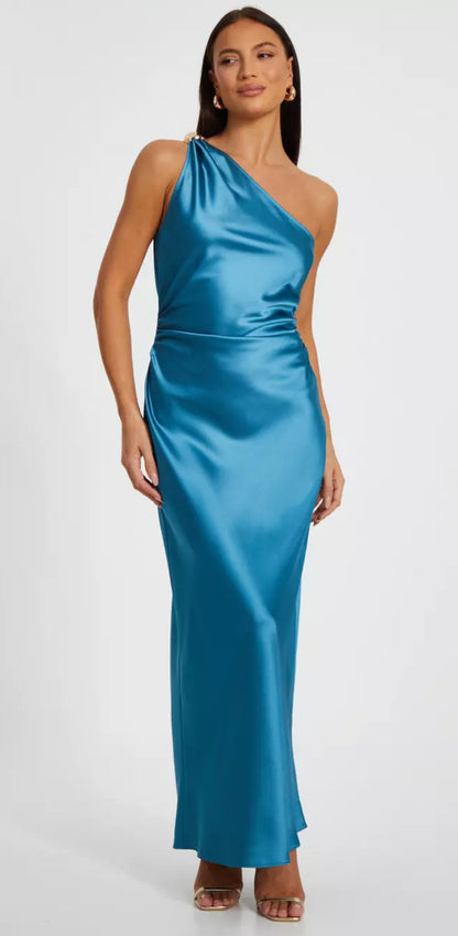 Teal Satin One Shoulder Dress