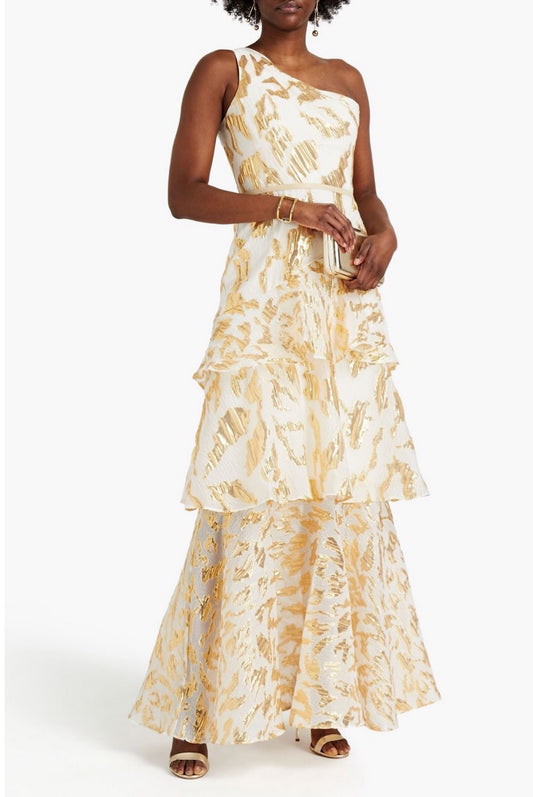 One-Shoulder Tiered Brocade Gown