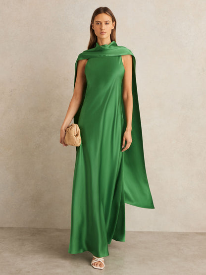 Green Fae Satin Cape Dress