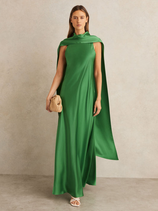Green Fae Satin Cape Dress
