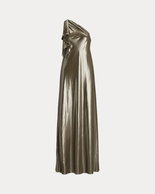 Metallic Chiffon One-Shoulder Gown