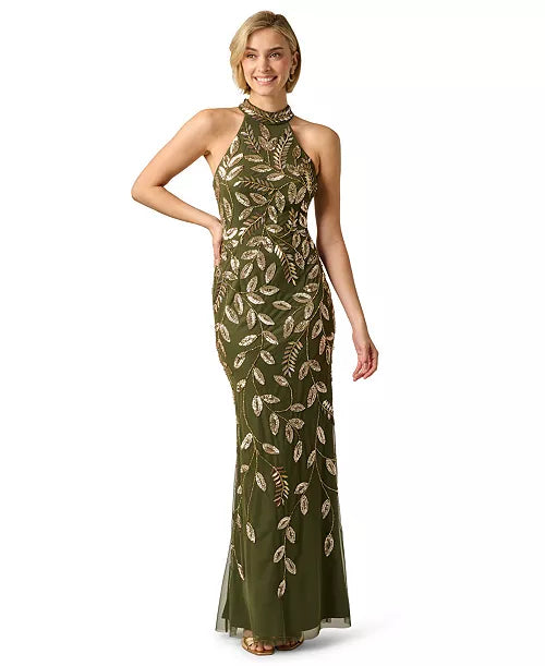 Sage Beaded Halterneck Gown