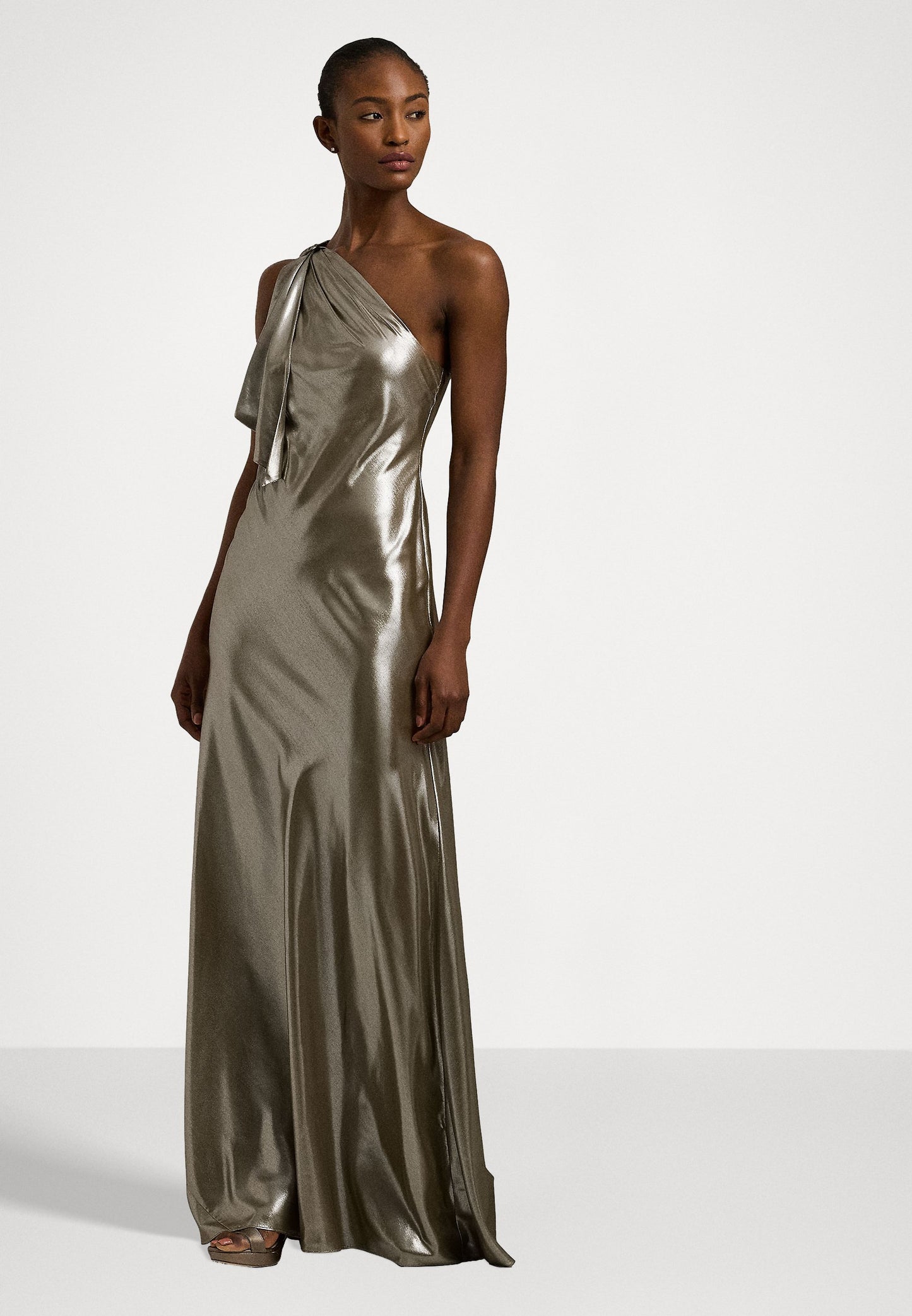 Metallic Chiffon One-Shoulder Gown