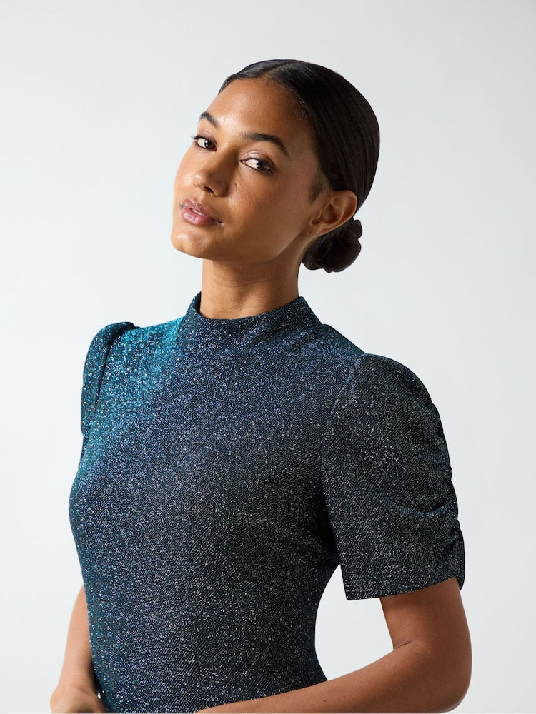 Petite Harriet Teal Sparkle Jersey Dress