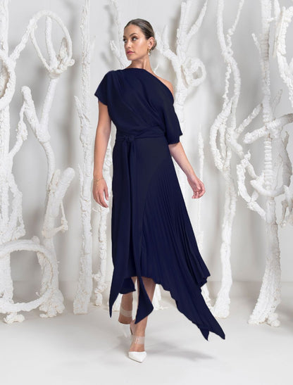 Mila Pleat Dress Navy