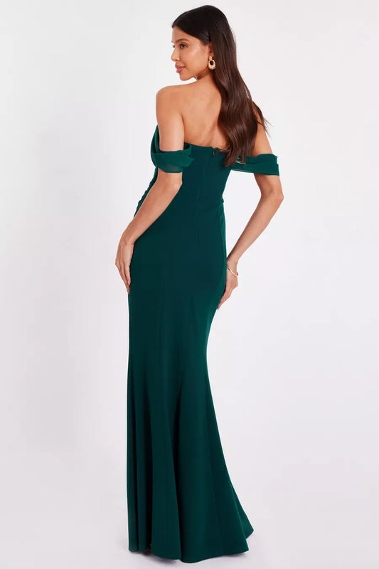 Petite Green Chiffon Bardot Dress
