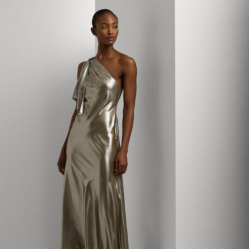 Metallic Chiffon One-Shoulder Gown
