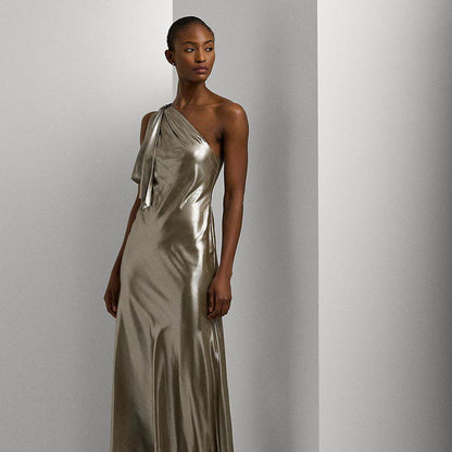 Metallic Chiffon One-Shoulder Gown