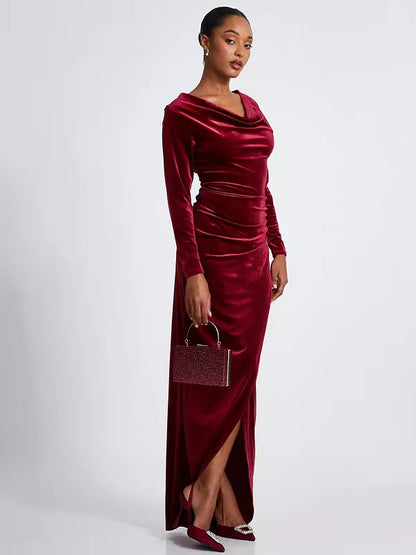 velvet cowl neck dress ASOS Design Maxi in forest Green Your dream wedding theme Elegant Cowl Neck Long Sleeves