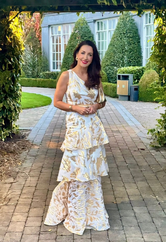 One-Shoulder Tiered Brocade Gown