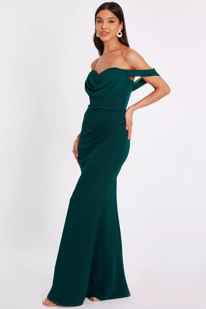 Petite Green Chiffon Bardot Dress