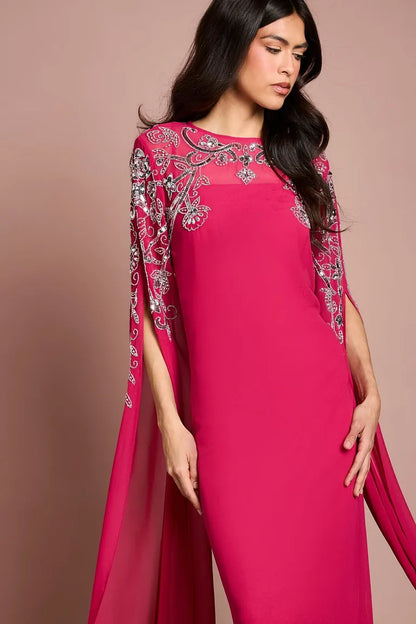Embellished Cape Maxi Dress