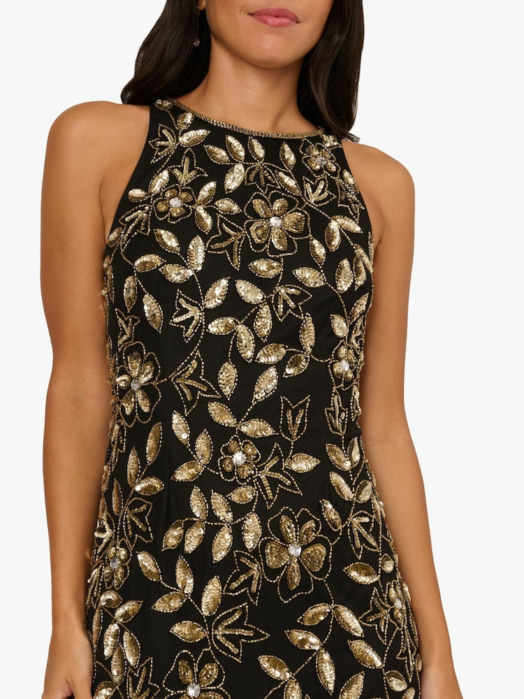 Floral Beaded Godet Dress