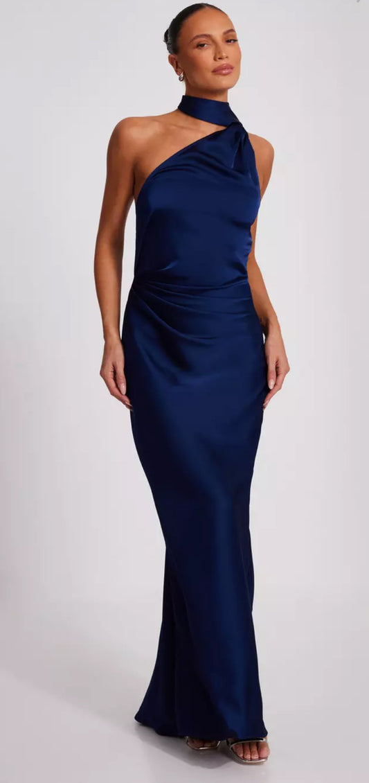 Navy Satin Wrap Neck Dress
