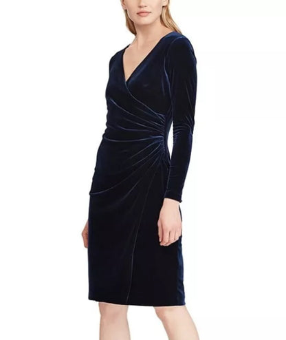 Navy Velvet Surplice Dress