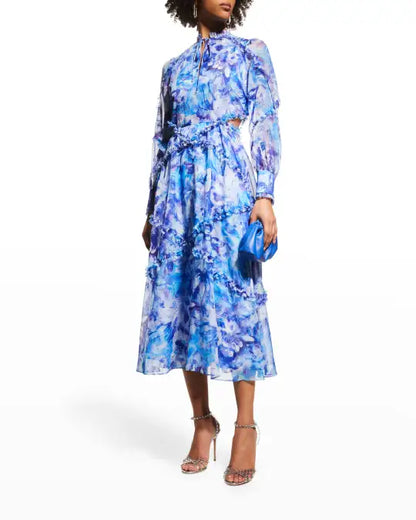 Cutout Floral Georgette Midi Dress