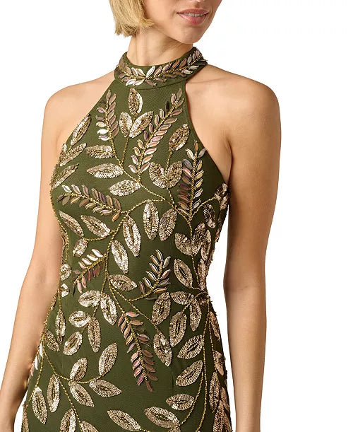 Sage Beaded Halterneck Gown