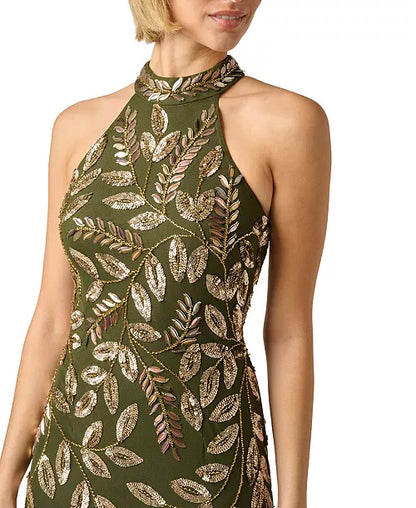 Sage Beaded Halterneck Gown