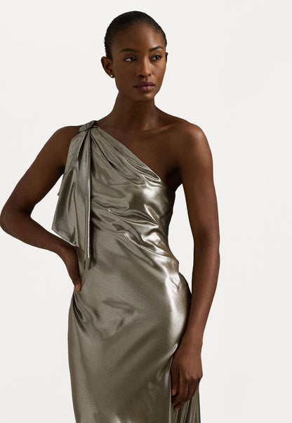 Metallic Chiffon One-Shoulder Gown