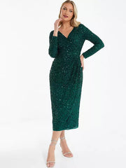 QUIZ - Green Sequin Wrap Midi Dress - Designer Dress Hire