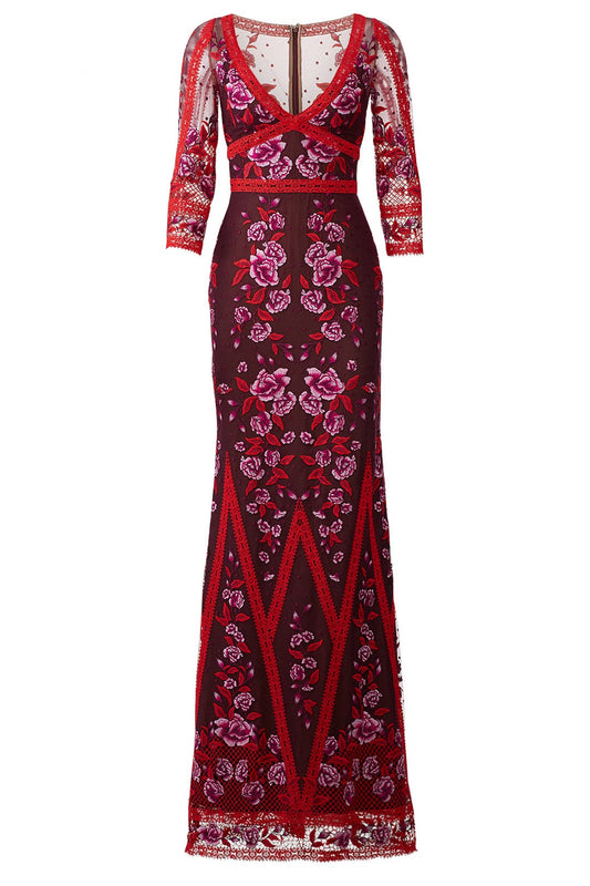 Wine Floral Lace Gown