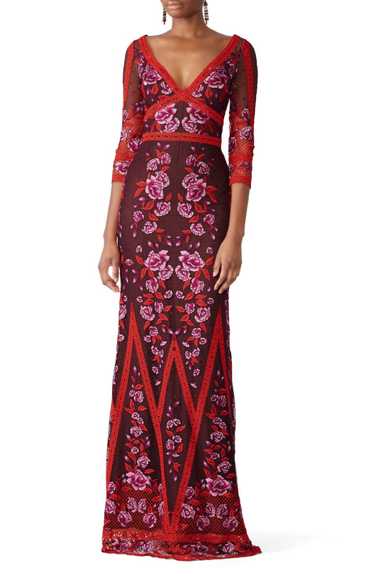 Wine Floral Lace Gown