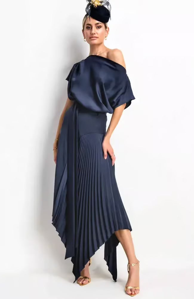 Mila Pleat Dress Navy