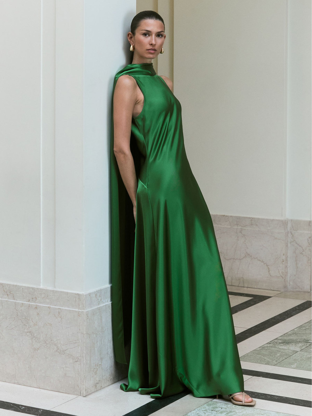 Green Fae Satin Cape Dress