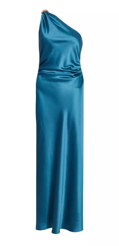 Teal Satin One Shoulder Dress