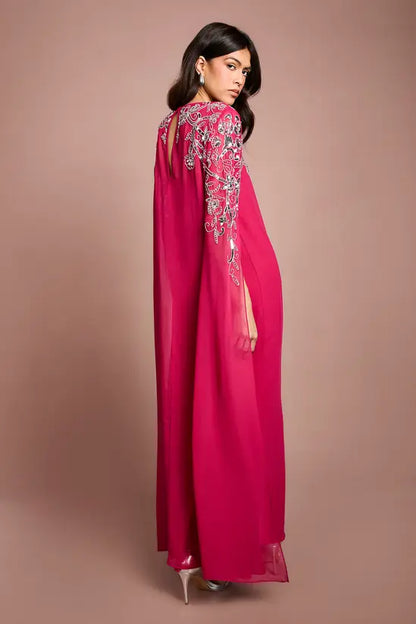Embellished Cape Maxi Dress