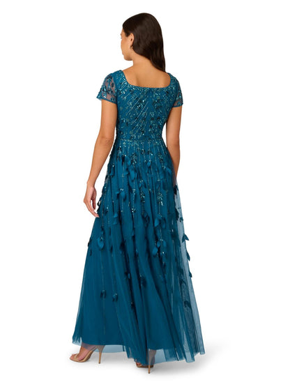 Teal Beaded 3D Petal Mesh Gown