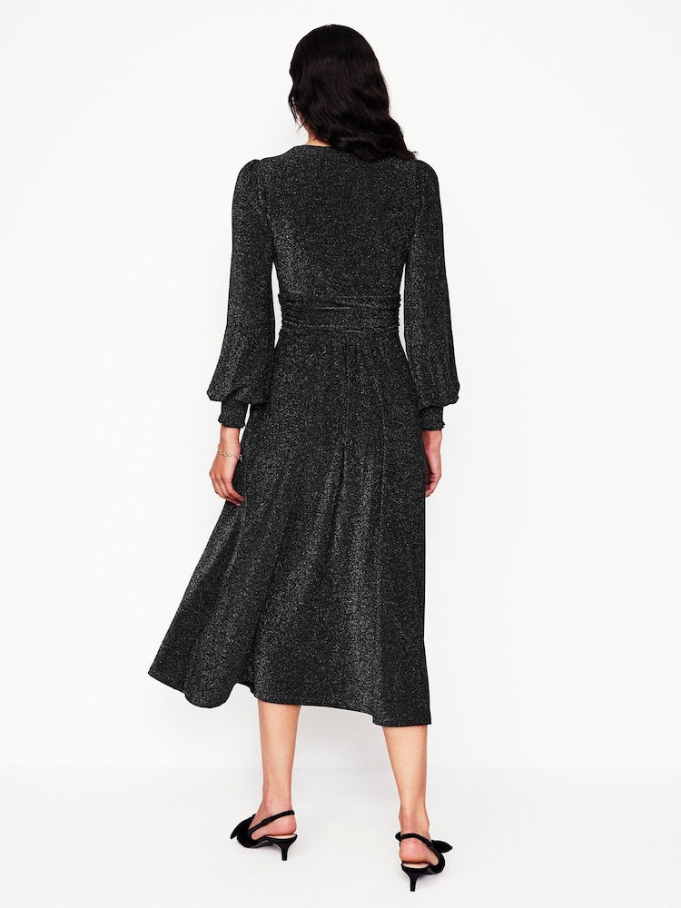 daphne metallic midi dress daphne metallic midi dress Glittery Empire Waist Short Sleeves Plus Size Formal Evening Dress with V-