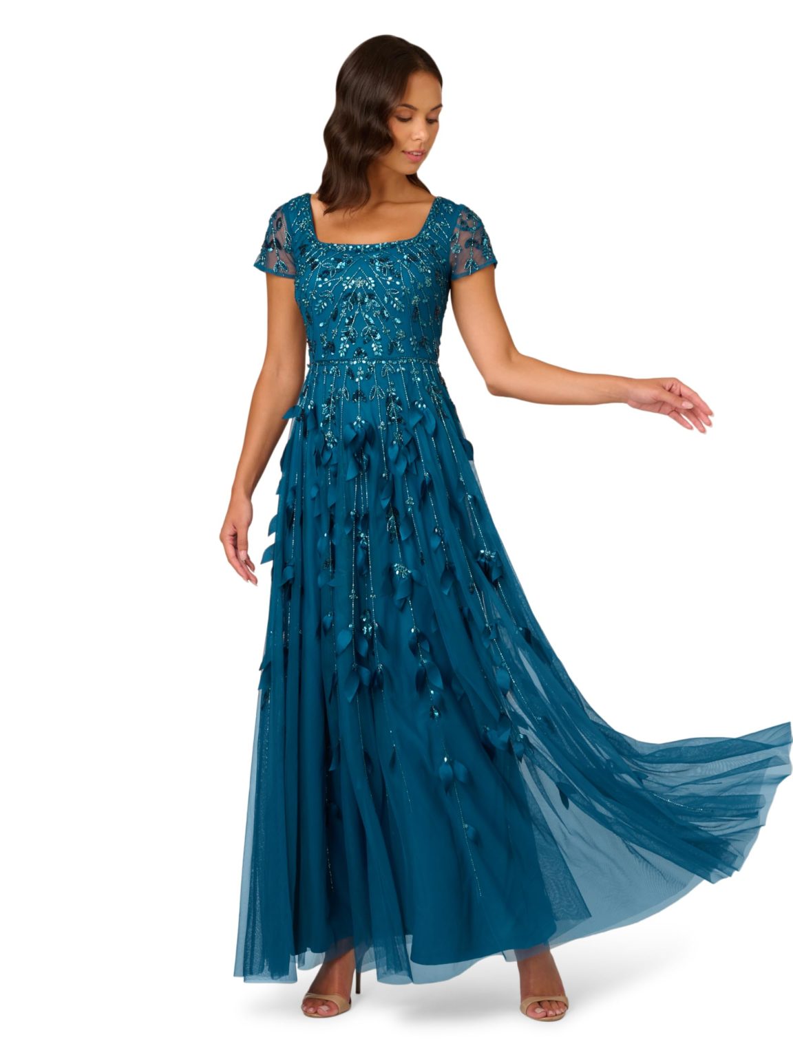 Teal Beaded 3D Petal Mesh Gown