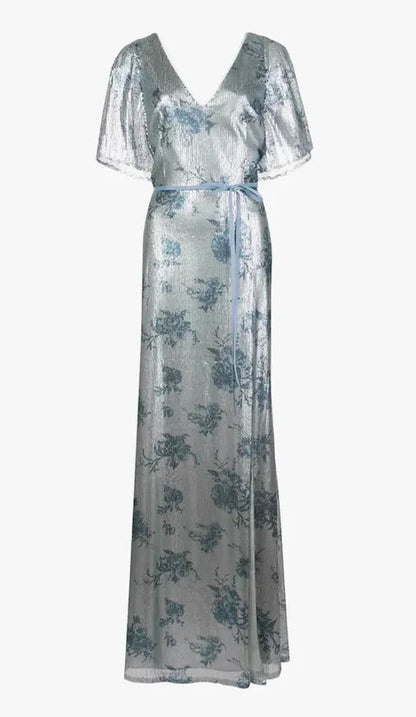 Flutter Sleeve Print Sequin Gown