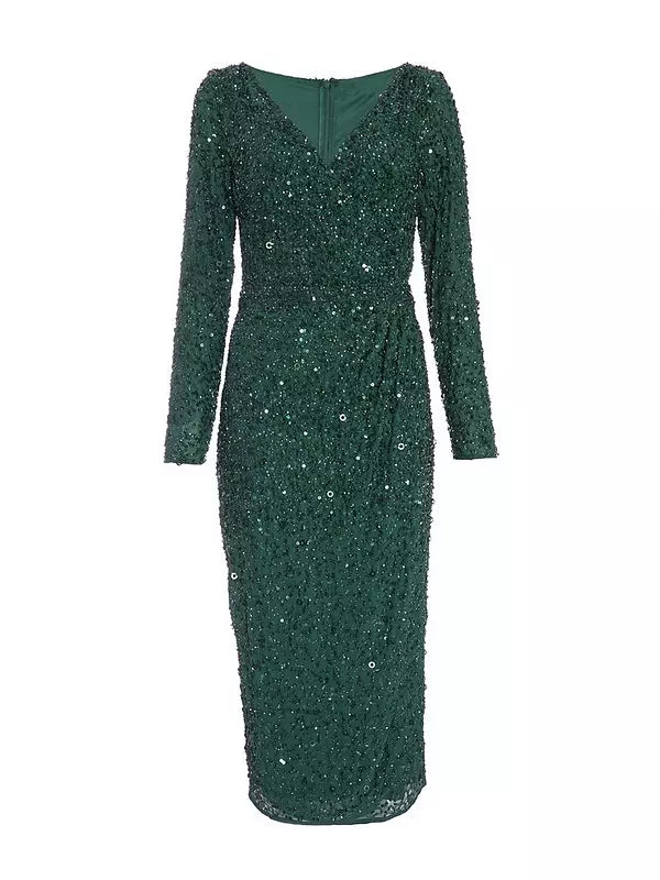 Green Sequin Wrap Midi Dress