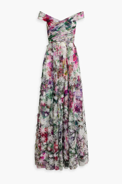 Petite 3D Floral Off Shoulder Gown