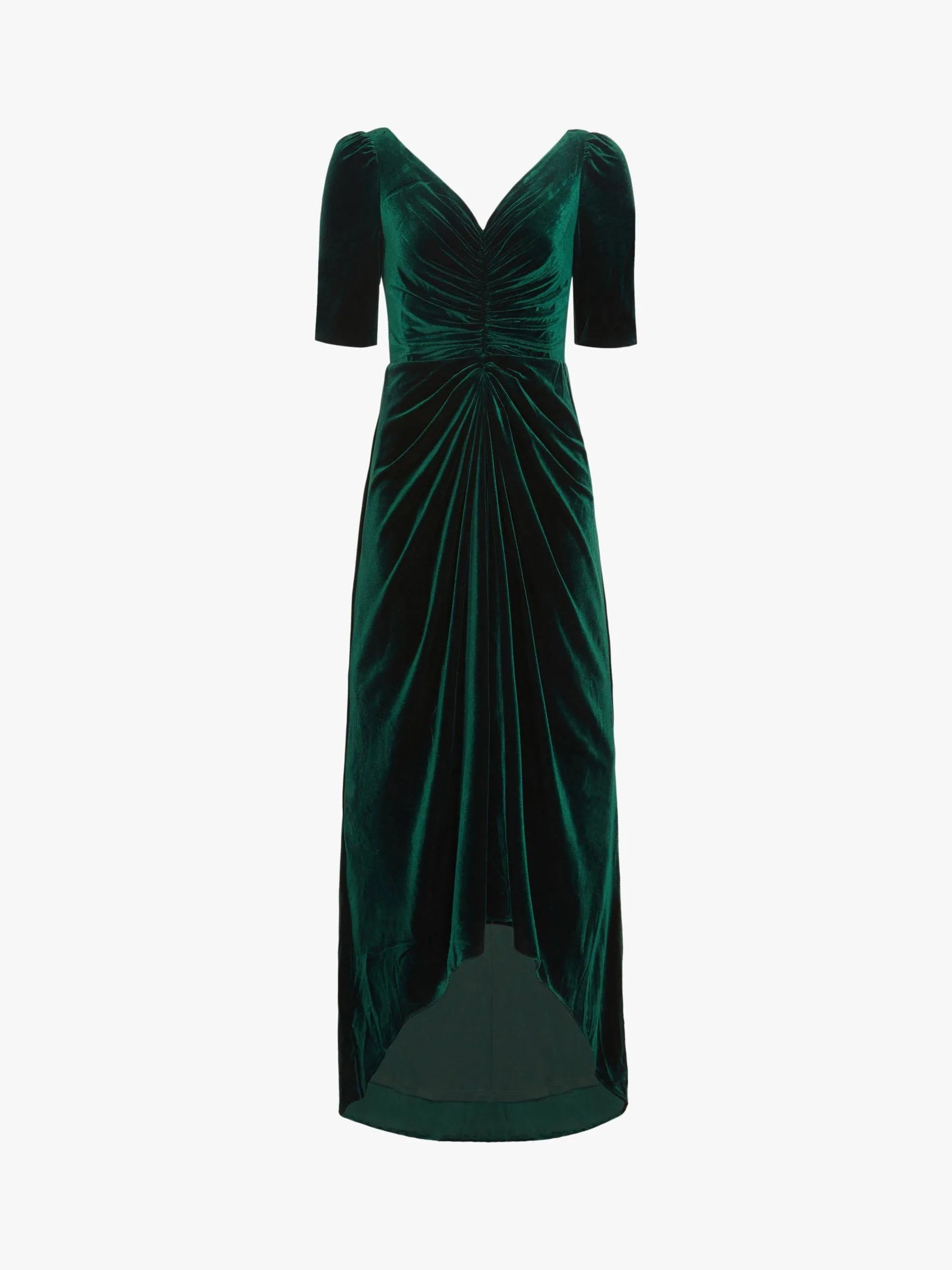 adrianna papell green velvet dress Dark Green One Shoulder Draped Velvet Gown With Chain Accent