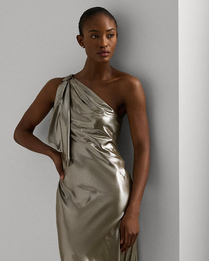 Metallic Chiffon One-Shoulder Gown