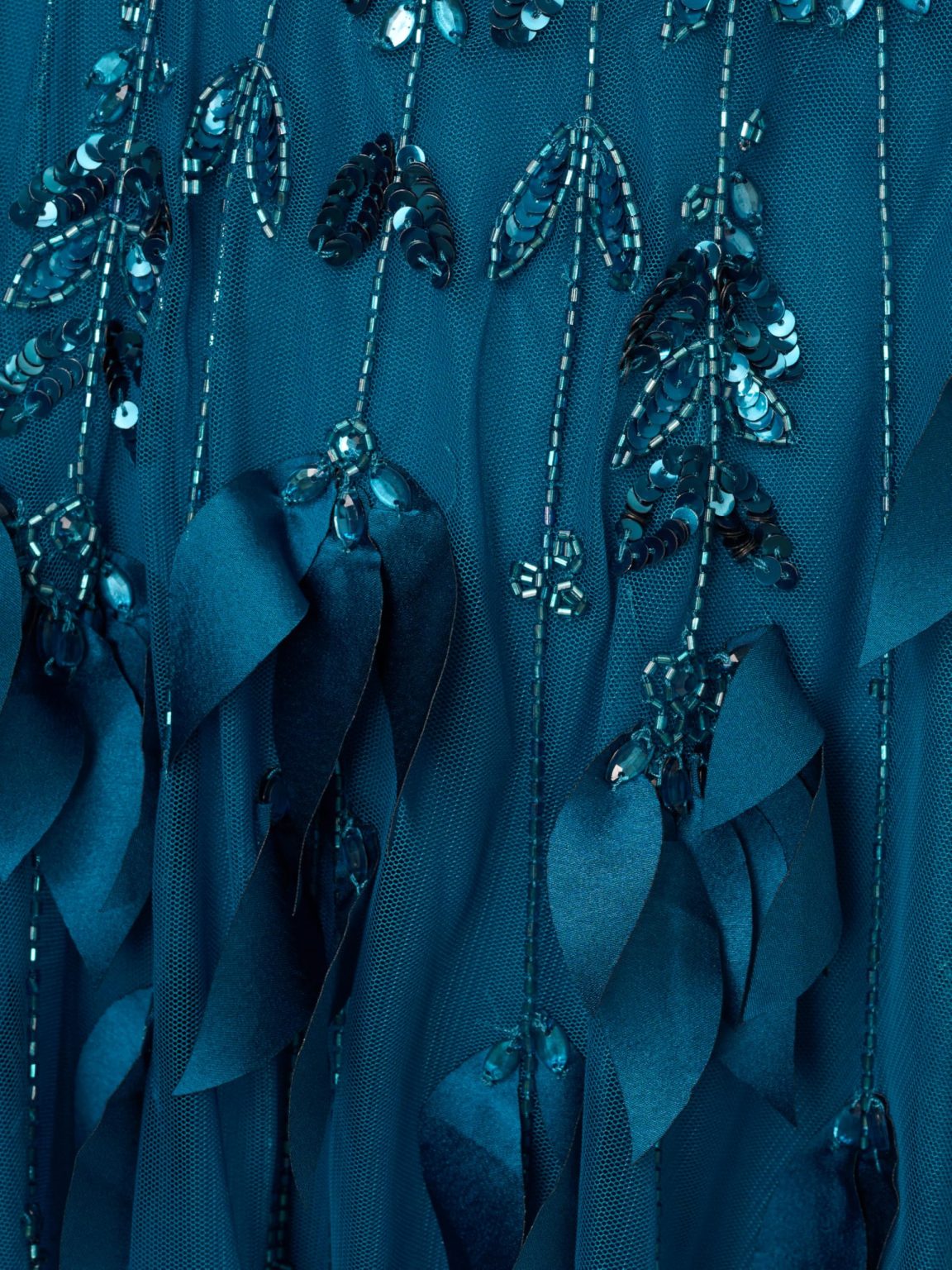 Teal Beaded 3D Petal Mesh Gown