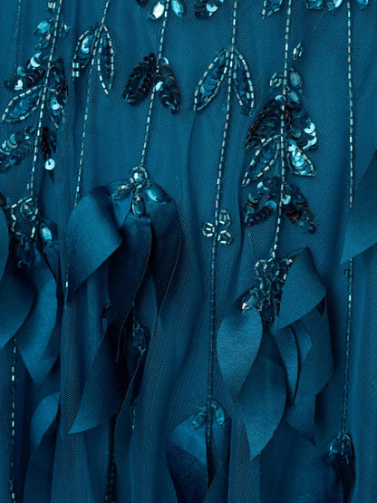 Teal Beaded 3D Petal Mesh Gown