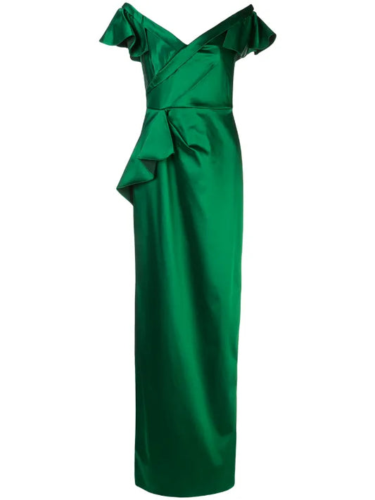 Green off shoulder Ruffle Gown