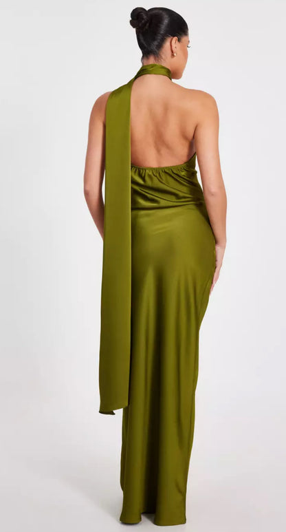 Khaki Satin Wrap Neck Dress