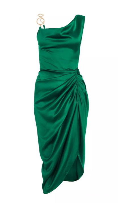Emerald Green Satin Midi Dress