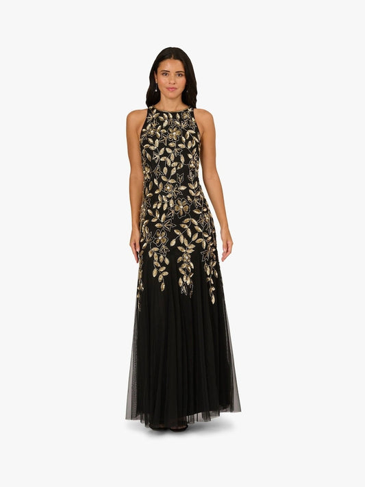 Floral Beaded Godet Dress