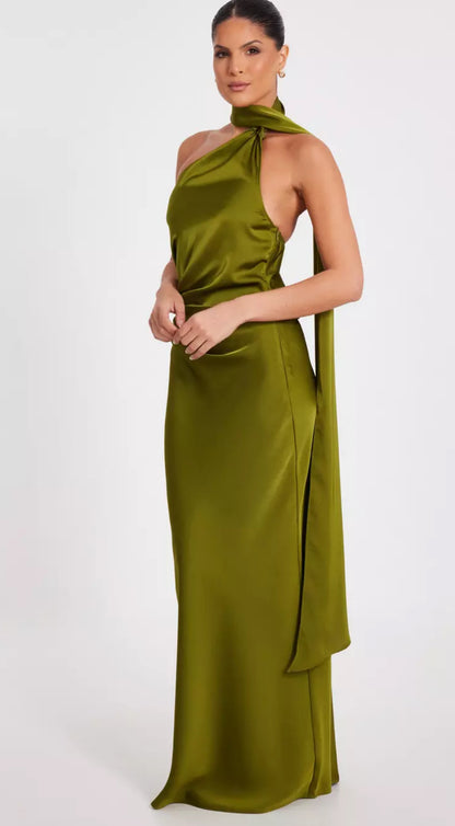 Khaki Satin Wrap Neck Dress