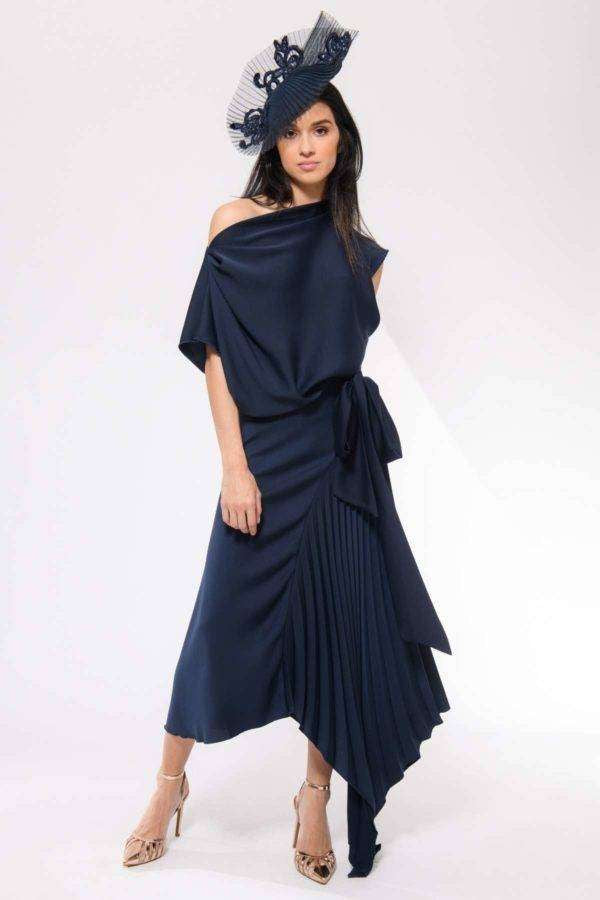 Mila Pleat Dress Navy