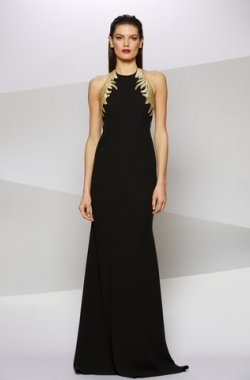 Long black dress shop with gold accents