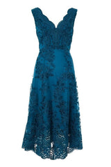 QUIZ - Teal Embroidered Dip Hem Dress - Designer Dress Hire